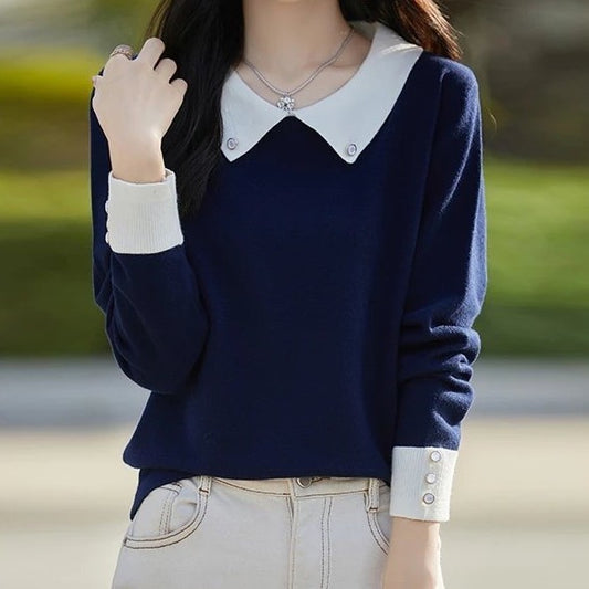 French Minority Young Contrast Color Lapels Bottoming Sweater For Women