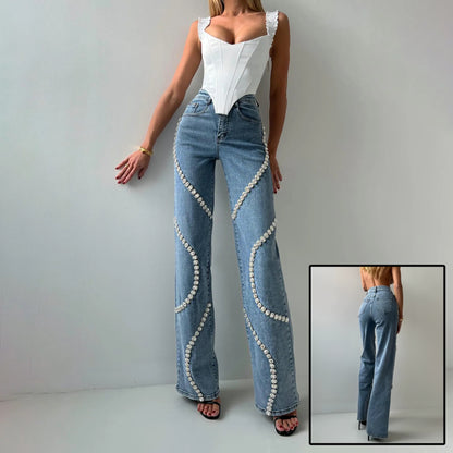 Loose Straight Leg Jeans With A Rhine Stone Denim Design