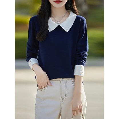 French Minority Young Contrast Color Lapels Bottoming Sweater For Women