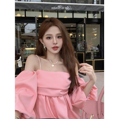 Off-neck Sling Shirt Lantern Sleeve Off-the-shoulder Top