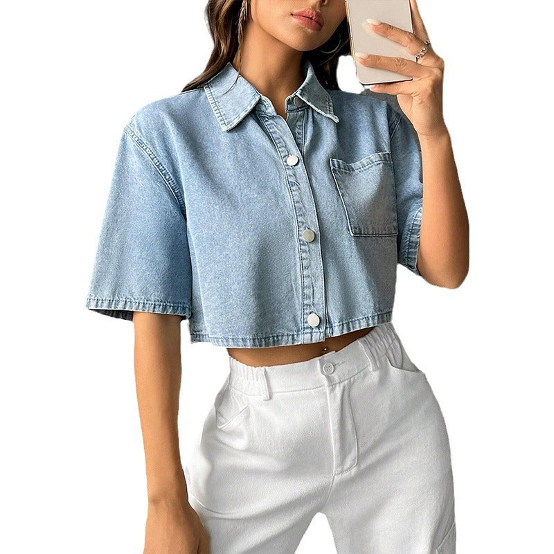 Fashion Thin Denim Small Waistcoat Short Sleeve Shirt