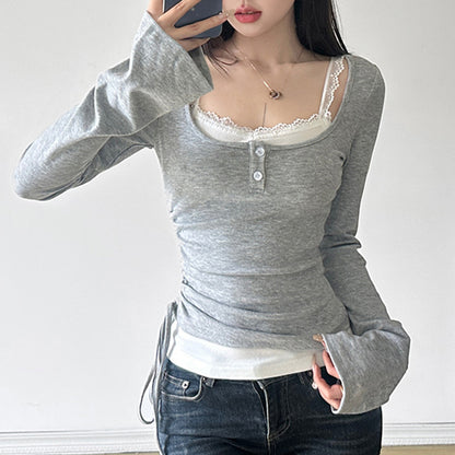 Stitching Contrast Color Drawstring Waist Slimming Real Two-piece Knitted Top