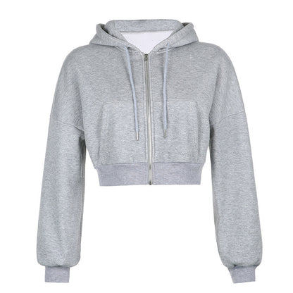 Temperament Leisure Versatile Zipper Women's Hooded Loose Short Sweatshirt