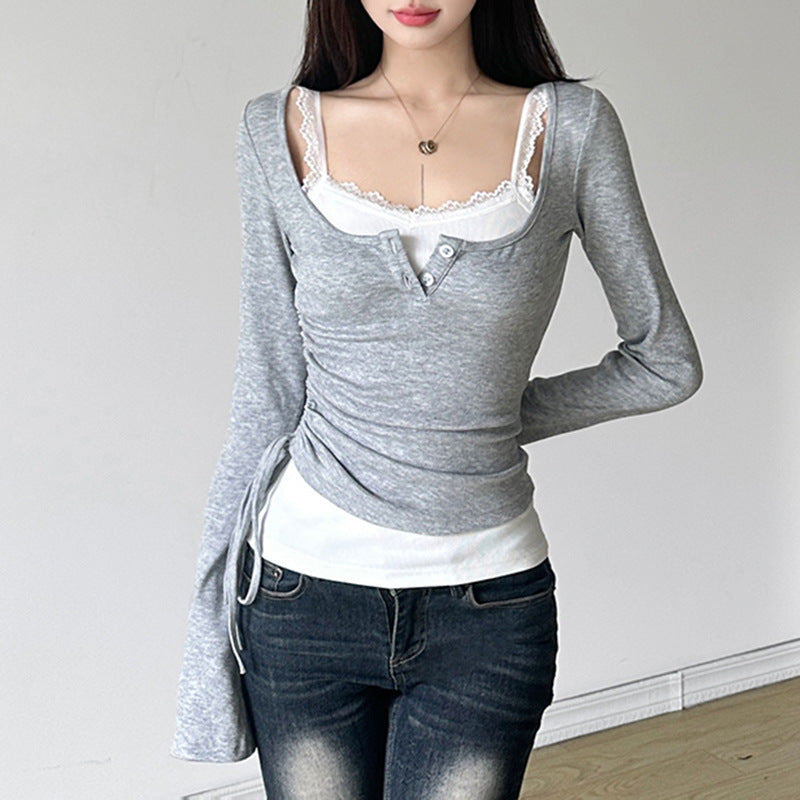 Stitching Contrast Color Drawstring Waist Slimming Real Two-piece Knitted Top