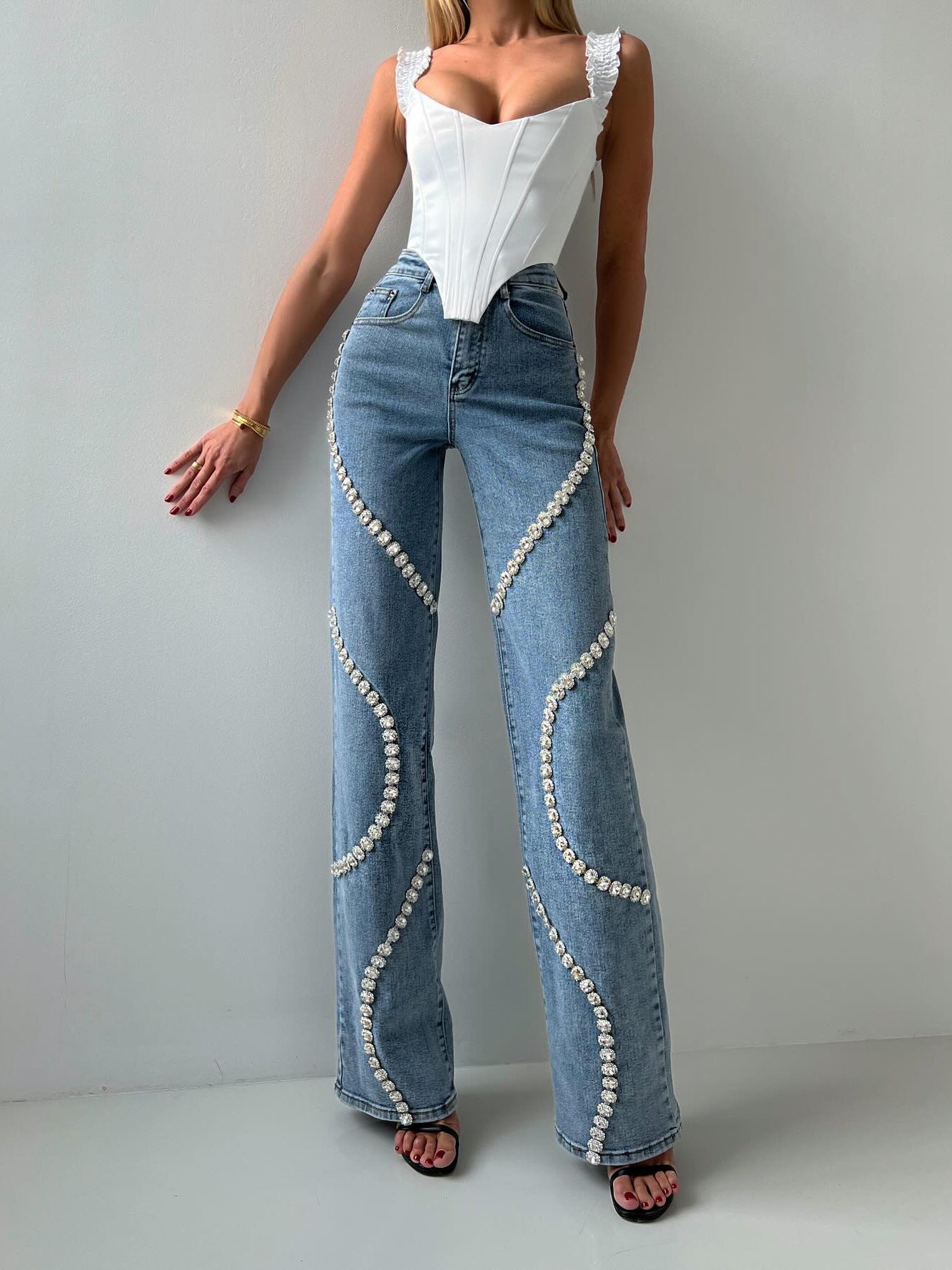 Loose Straight Leg Jeans With A Rhine Stone Denim Design