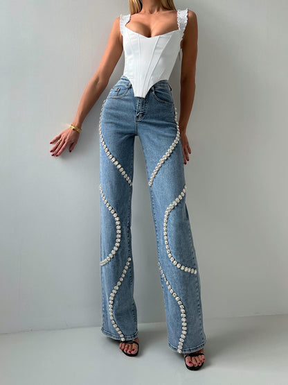 Loose Straight Leg Jeans With A Rhine Stone Denim Design