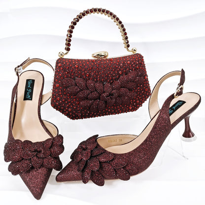 Cross-border Ladies Party Shoes Bag Set Handmade Leaf Decorative Wine Glass Heel