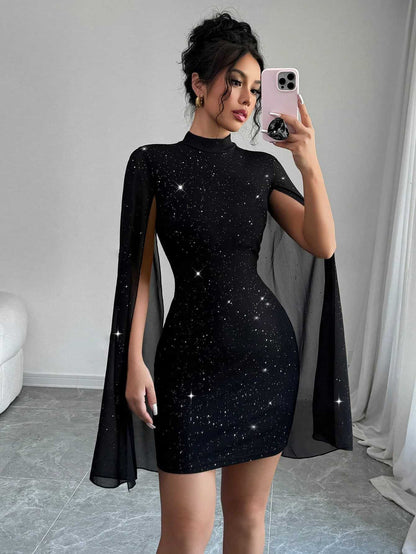 Dress Shiny Printing Turtleneck Lantern Sleeve Skinny Hip Skirt